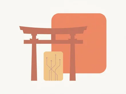 極簡扁平幾何插畫：暖米白背景中央一座陶土色鳥居剪影，鳥居柱間立著一張淡赭色圓角卡片，卡片上有幾條細細的電路線與小圓點，象徵 IT 守護御守；鳥居後方偏右是一塊柔和的橘色圓角方塊。全圖平塗、無文字，採低飽和類比配色。