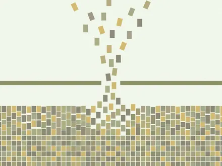 極簡平面幾何插畫：淡綠米白背景中央偏下有一道橄欖綠水平長線作為制度門檻，線下方密密麻麻堆疊著大量小方塊、彼此緊貼幾無空隙，線上僅有一處狹窄開口，同樣的小方塊由該開口向上湧出、愈往上愈疏散愈大，象徵制度一旦開放，供給便從擁擠處釋放到開闊市場
