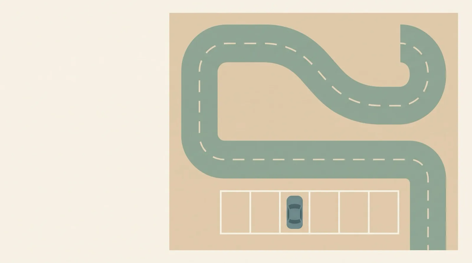 極簡平面插畫：正上方俯視的駕訓班練習場，鼠尾草綠的車道在暖沙米色場地上繞出 S 彎與直角曲柄彎，中線是米白虛線；下方一排六格停車位只停著一輛灰藍綠的小車，其餘全空，畫面左側三分之一大片留白，象徵學員變少、場地等著新的使用者。低彩度類比色、無文字。