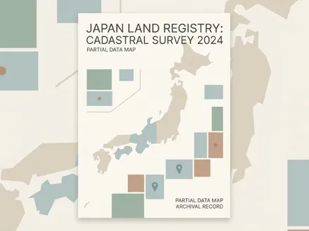日本不動產登記制度改革極簡幾何插畫——俯視地籍格網中多數方塊留白代表未識別土地、少數標註圖釘代表已登記，襯以日本群島輪廓幾何化暗示，以塵霧鼠尾草綠與暖米白 Morandi 同色系呈現政府繪製不動產資料地圖的政策意象