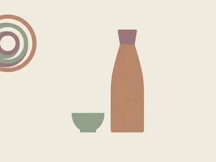 日本酒專欄極簡封面：陶赤色清酒瓶與苔綠豬口杯靜物，左上同心圓象徵精米歩合層次