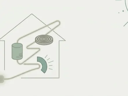 以單一電路線貫穿幾何房屋輪廓的極簡插畫，象徵全電化住宅由電力統一供應烹飪、熱水與暖氣